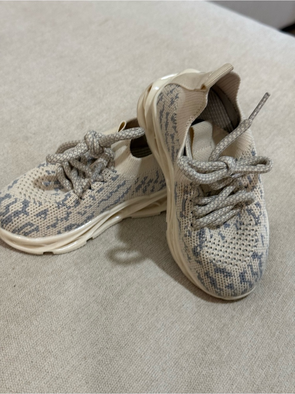 Kids Neutral Knit Lace-Up Sneakers in Beige/Gray